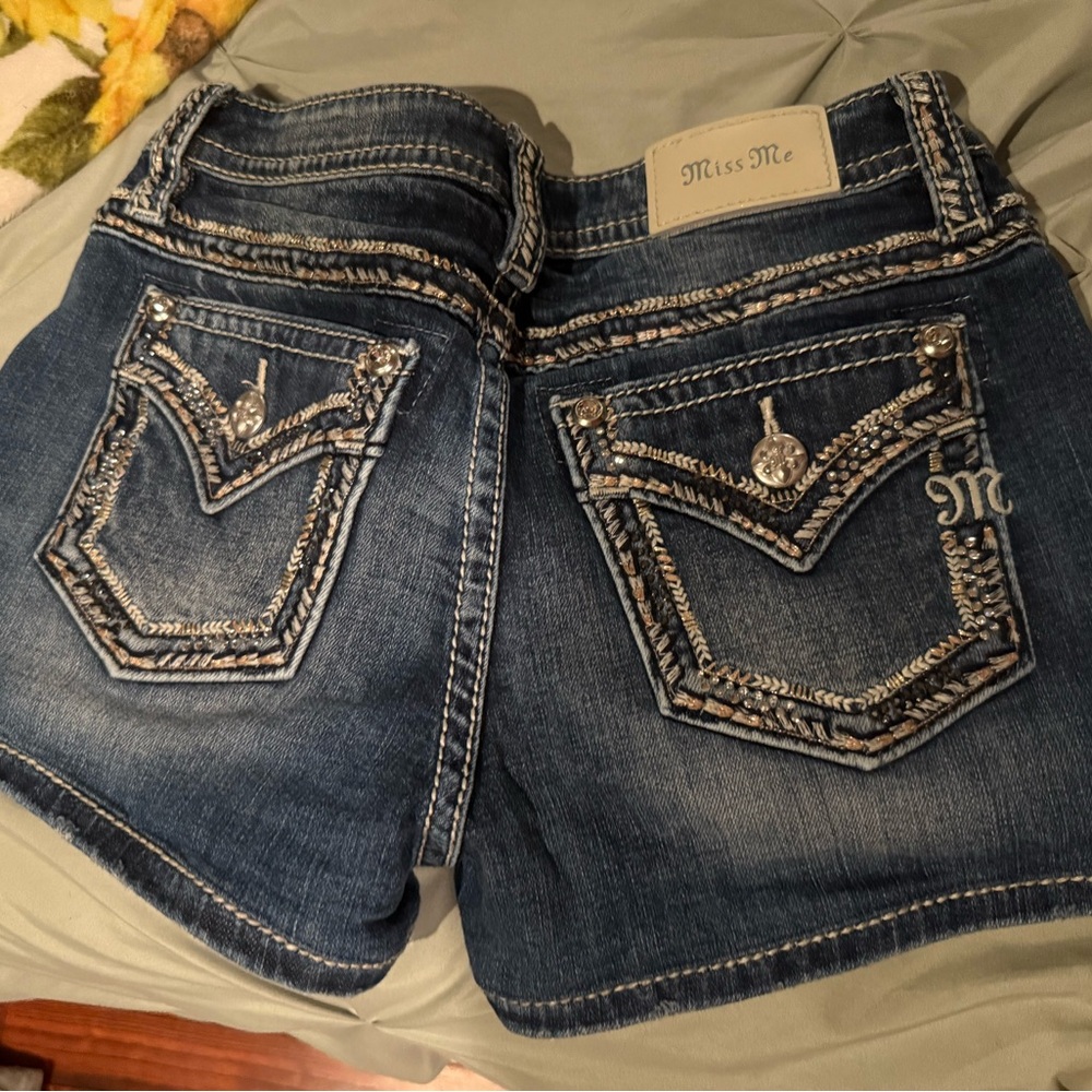 Miss Me Dark Blue Jean Shorts with Silver Accents